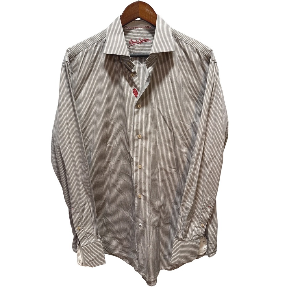 Robert Graham Mens Button‎ Down Shirt Striped 44 17.5 Cotton Red Logo
